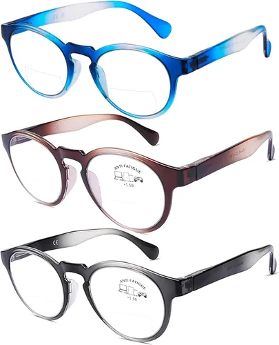 Miniatura 6 de AQWANO Paquete de 3 lentes de lectura bifocales con bloqueo de luz azul para computadora, marco redondo y elegante, monturas ultrafinas, ligeras