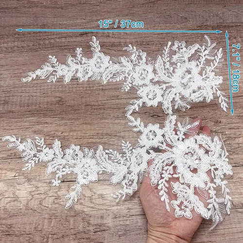 Miniatura 6 de 1 par de apliques de encaje con bordado de flores de lentejuelas, parches para coser para boda, vestido de novia, vestido de fiesta, ropa, corpiño