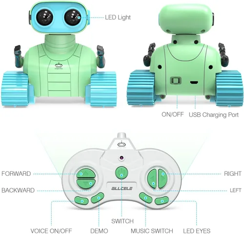 Miniatura 5 de ALLCELE - Robots de juguete, robots RC recargables para niños, juguete con control remoto, tiene música y ojos LED, regalo ideal para niños - Verde