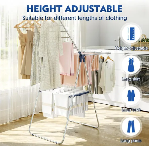 Miniatura 7 de APEXCHASER Estante de Secado de Ropa, Estante de Secado de Acero Inoxidable para Ropa con Altura Ajustable, Plegable, Secador de Ropa de Ala de Azul