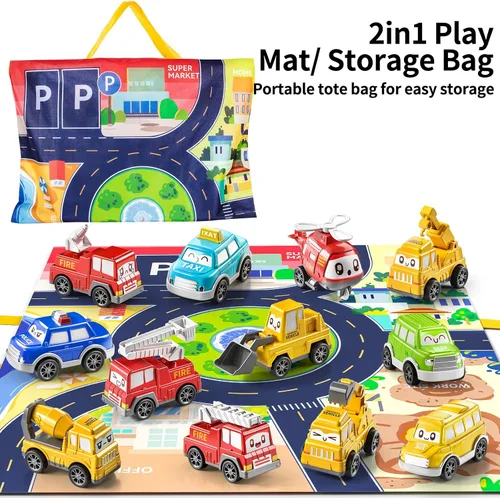 Miniatura 8 de TEMI - Juguetes de coches tirados para niños pequeños de 1, 2, 3 años para niños y niñas, 12 piezas de juguetes de coches para bebés con alfombrilla