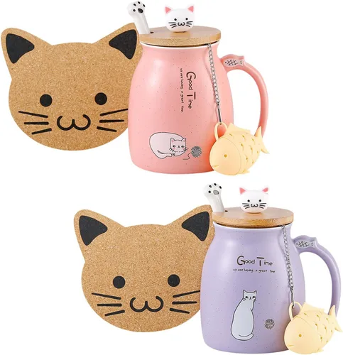Miniatura 13 de BigNoseDeer Lindas tazas Kawaii de gato, taza de café de cerámica con infusor y tapa, cuchara, taza de té, regalos lindos y geniales para mujeres