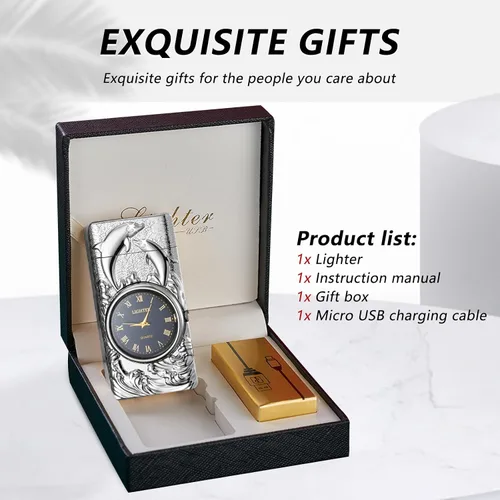 Miniatura 7 de BABOBIU Encendedor eléctrico recargable por USB, resistente al viento, encendedor de delfines sin llama, portátil, con linterna portátil, regalo