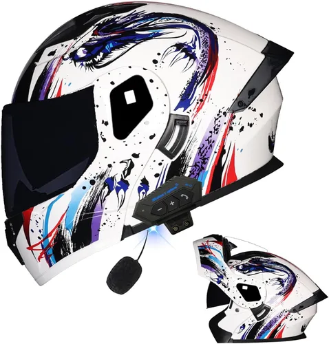 Miniatura 48 de Casco modular Bluetooth para motocicleta, aprobado por DOT, de cara completa, abatible, antivaho, doble visera, casco de motocicleta de calle, LENTE