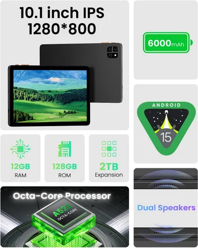 Miniatura 4 de Tableta: Tablet de 10 pulgadas, tabletas Android 15, 12 GB de RAM 128 GB ROM, procesador Octa-core, pantalla IPS HD, Widevine L1, WiFi 6 y Bluetooth
