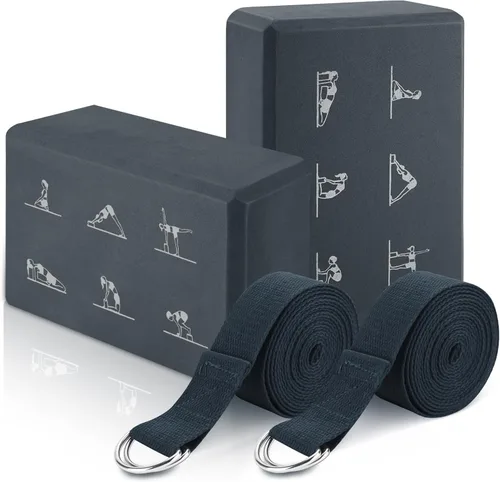 RETON Juego de bloques de yoga con correas, ladrillos de yoga de alta densidad, bloque de pilates de espuma EVA ligera, 2 bloques de yoga con 2 Gris