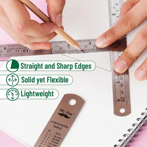 Miniatura 5 de Mr. Pen - Reglas de acero, reglas de metal de 15, 20, 30 y 35 cm, paquete de 4 unidades Plateado