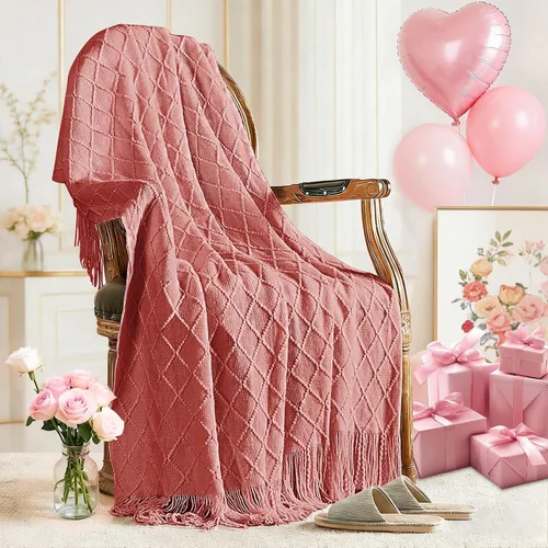 Miniatura 25 de inhand Mantas de punto para sofá y cama, manta de punto suave y acogedora con borlas, mantas decorativas ligeras y mantas decorativas de granja