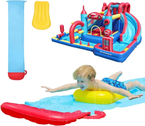Miniatura 4 de ELEMARA Tobogán acuático inflable para niños de 19.1 pies con rociadores, bodyboard, parque acuático grande para jugar al aire libre en verano Azul