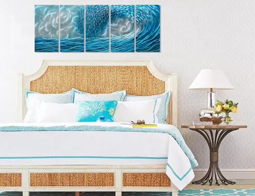 Miniatura 4 de BATRENDY ARTS Arte de pared de metal con ondas azules, escultura colgante en 3D, pintura de aluminio pulido a mano para sala de estar, dormitorio