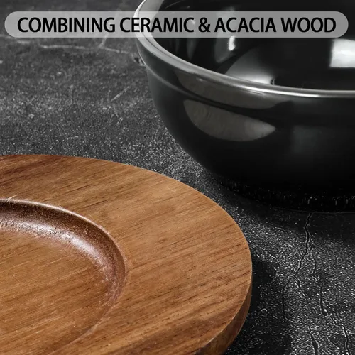 Miniatura 4 de Artena Juego de servir de cerámica sólida de 12 onzas con bandeja de madera de acacia, cuencos negros de 5 pulgadas, cuencos pequeños para servir