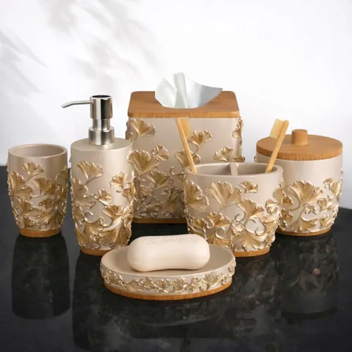 Miniatura 14 de Decozen Juego de 6 accesorios de baño, dispensador de jabón, soportes para cepillos de dientes, vaso, jabonera y tarro de hisopo de algodón