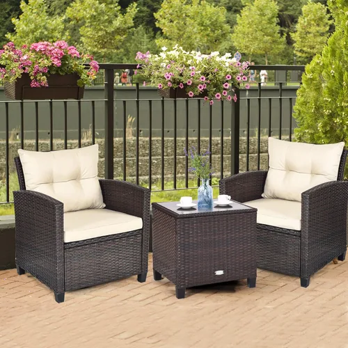 Juego de muebles de mimbre para patio, juego de sofá para exteriores con cojín resistente al agua y mesa de vidrio templado, color marrón