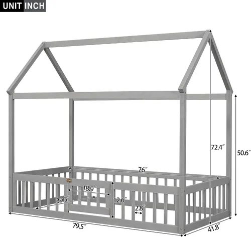 Miniatura 2 de Cama de casa individual para niños con barandillas de valla, marco de cama Montessori de madera tamaño individual con puerta pequeña para niños
