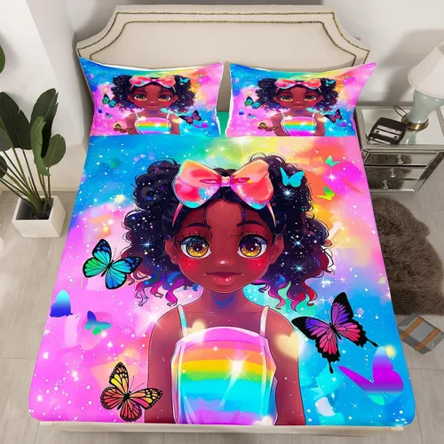 Miniatura 28 de Erosebridal Lindas sábanas negras para niñas, sábana bajera ajustable de niña africana americana, tamaño individual, sábanas psicodélicas moradas