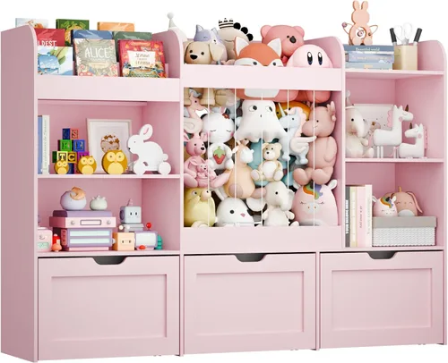 Miniatura 9 de Organizador de almacenamiento de juguetes para niños de 61 pulgadas de ancho con estantería, organizadores de juguetes extra grandes con Blanco