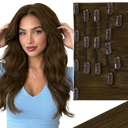 Miniatura 30 de Ve Sunny Extensiones de cabello clip-in de cabello humano real con reflejos, extensiones de cabello con clip para cabello corto, marrón oscuro