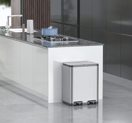 Miniatura 6 de ELPHECO Cubo de basura de cocina de doble compartimento, 2 cubos de basura de acero inoxidable de 6.6 galones para cocina con 2 cubos y tapas