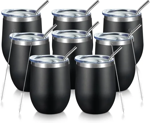 Miniatura 28 de COMOOO Vaso de vino aislado de 12 onzas con tapa, vaso de vino de acero inoxidable sin tallo, vaso de vino de doble pared al vacío con pajita, café