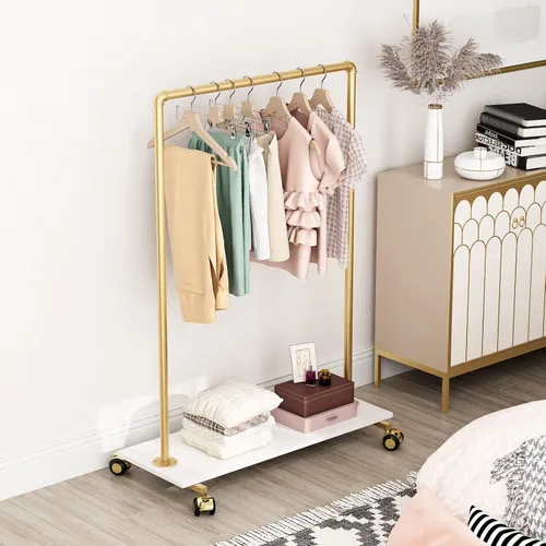 Miniatura 2 de Perchero de metal dorado con estante de madera, perchero resistente con ruedas para dormitorio, uso en boutiques minoristas (37.4 pulgadas de largo)