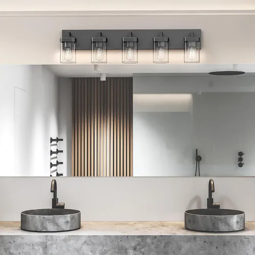Miniatura 9 de Juego de 2 apliques de pared, diseño cuadrado, accesorios de iluminación de baño con pantalla de vidrio transparente, luces de pared negras mate