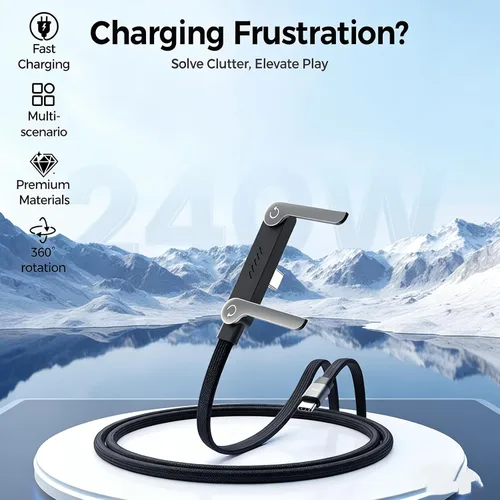Miniatura 2 de Cable de carga rápida trenzado de 240 W con soporte para teléfono integrado, cable USB-C plegable duradero de 90 grados, cable USB C de ángulo