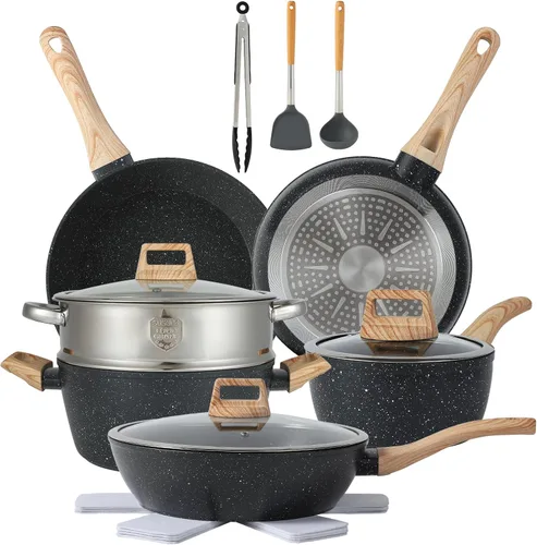 Juego de 16 piezas de ollas y sartenes antiadherentes, juego de utensilios de cocina antiadherentes con juego de cocina Negro