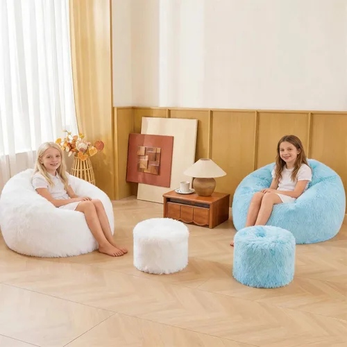 Miniatura 4 de Fundas para puf de pelo sintético mullido color beige, funda para silla puff de felpa suave color beige para niños y niñas, almacenamiento de puf