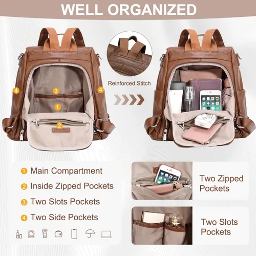 Miniatura 3 de VASCHY - Mochila para mujer, de piel sintética, moderna, antirrobo, mochila para mujer, con tejido clásico., Marrón), VAAU061BR