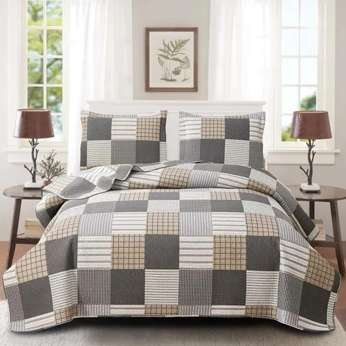 Juego de ropa de cama a cuadros marrón y negro, 3 piezas, tamaño queen, colcha con estampado de parches a cuadros, cubrecama reversible, decoración