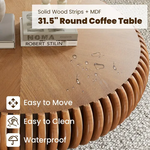 Miniatura 5 de Mesa de centro de tambor de 31.5 pulgadas, moderna y única, mesa de té acanalada, mesa de centro redonda de madera contemporánea con mesa central