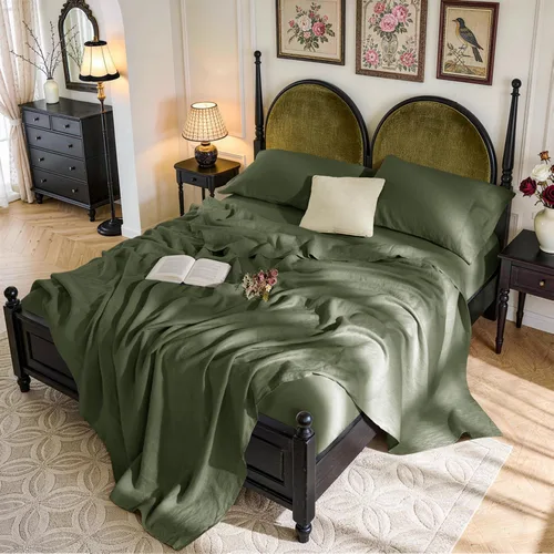 Miniatura 10 de SONORO KATE Sábanas de cama de lino francés 100% puro, tamaño Queen, sábanas de cama de lino transpirables y duraderas, antidesgarro, lavables a