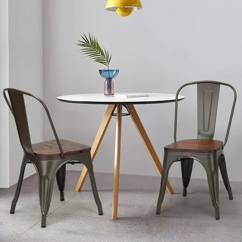 Miniatura 4 de HAPPYGRILL Juego de 4 sillas de comedor, sillas de cocina de metal para interiores y exteriores con asiento de madera y respaldo alto, sillas