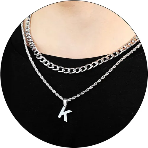 Miniatura 33 de SENRAN Collar con inicial en capas de la A a la Z para hombre, cadena de cuerda torcida de acero inoxidable de 18 a 20 pulgadas, dije de letra