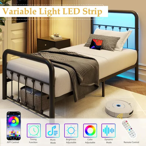 Miniatura 5 de Fluest - Base de cama de 14 pulgadas para cama individual clásica de metal con plataforma, estación de carga y LED, cabecero y pie