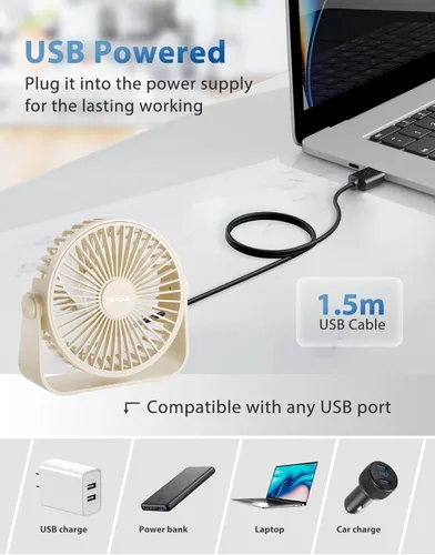 Miniatura 3 de TriPole Ventilador de escritorio USB portátil, potente ventilador de escritorio personal de 3 velocidades con rotación de cabeza de 360°