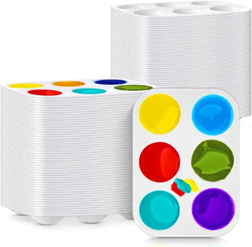 100 paletas de pintura de plástico blanco de 6 pozos, paletas de pintura de acuarela, bandejas de pintura para manualidades, bandeja de pintura de