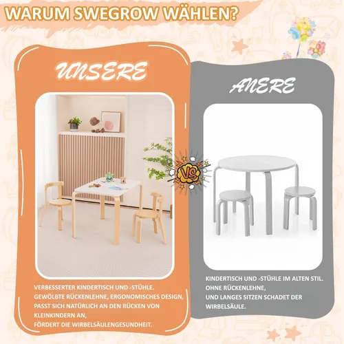 Miniatura 7 de Swegrow Juego de mesa y 2 sillas para niños, mesa y sillas de madera para niños y bebés, muebles de madera para niños para sala