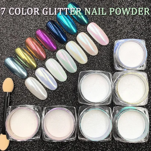 Miniatura 4 de Polvo de 7 colores Symphony Mermaid Pearl Neon Ice Aurora - Polvo de uñas blanco con efecto espejo metálico de alto brillo