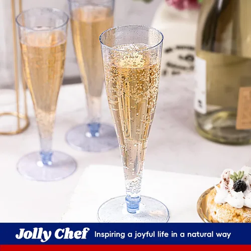 Miniatura 5 de JOLLY CHEF Paquete de 100 flautas de champán de plástico desechables de 4.5 oz, copas de champán de plástico con purpurina azul, adecuadas
