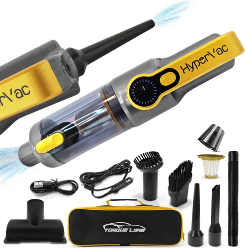 HyperVac - Aspirador y soplador portátil 2 en 1 para automóvil, succión de 18500 Pa, plumero de aire con cable e inalámbrico con luz LED, mangueras