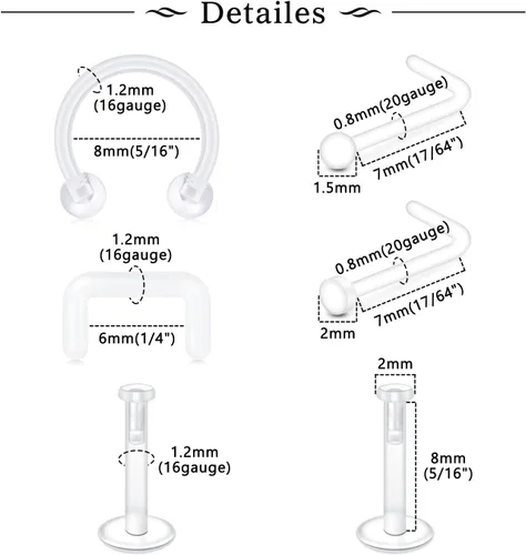 Miniatura 2 de MODRSA - Anillos de nariz transparentes y pernos - Retenedores de perforación de nariz de plástico - 16 g, 18 g, 20 g - Aretes de cartílago