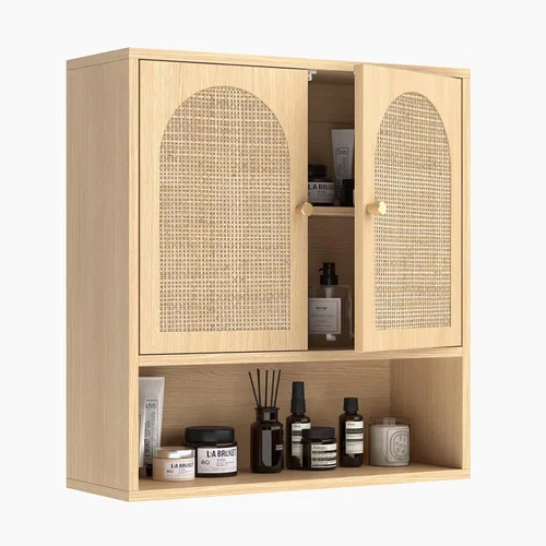 Miniatura 17 de VINGLI Armario de pared de baño, botiquín negro con estante abierto y 2 puertas, organizador de almacenamiento ajustable para colgar sobre