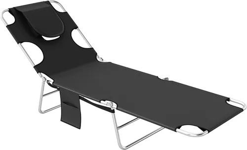 Outsunny Tumbona para exteriores con agujero para el brazo facial, silla de bronceado reclinable de 5 posiciones con correa de transporte, bolsillo