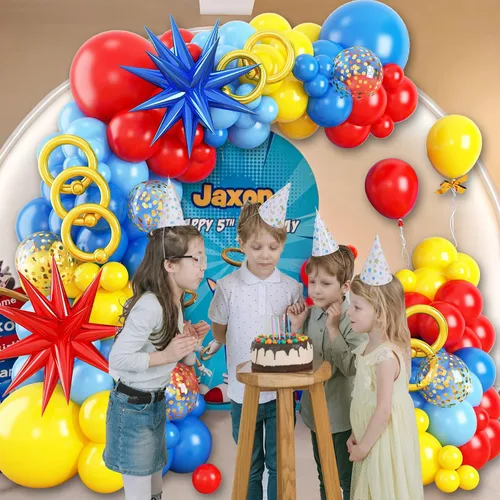 Miniatura 4 de Kit de arco de globos de dibujos animados, 184 globos largos de confeti de color rojo, amarillo, azul, dorado con globo de aluminio de estrella