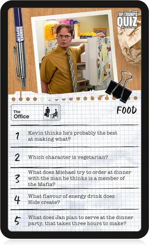 Miniatura 5 de Top Trumps The Office US Quiz Game, 500 preguntas para poner a prueba tu conocimiento y memoria en Dwight, Angela, Kelly, Kevin, Stanley, Phyllis