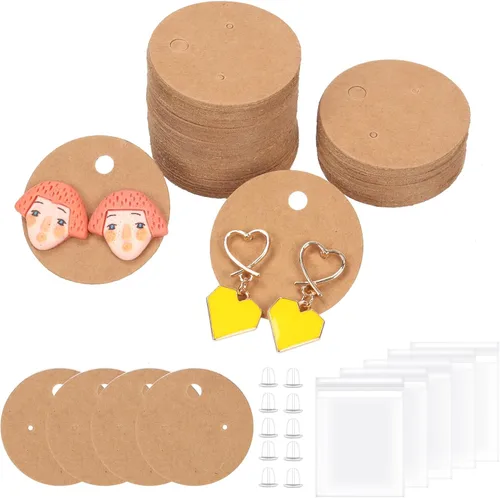 Swpeet Juego de 600 tarjetas de exhibición de aretes de papel kraft, tarjetas redondas de 1.6 in a 1.6 pulgadas con parte trasera de aretes y bolsas