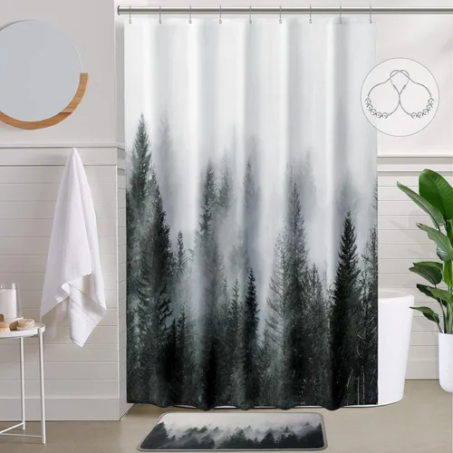 Miniatura 27 de ORTIGIA 36x72 Cortina de ducha de bosque nebuloso para baño pequeño, cortina de ducha estrecha de naturaleza y bosque en blanco y negro con ganchos
