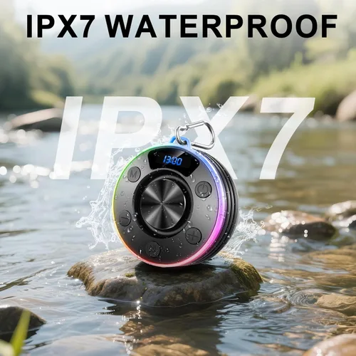 Miniatura 8 de Altavoz Bluetooth, altavoz de ducha portátil con gancho, altavoces Bluetooth impermeables IPX7 con ventosa, pantalla digital/de tiempo, sonido