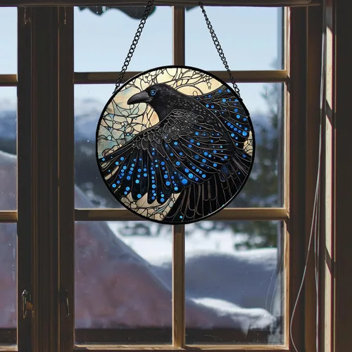 Miniatura 4 de Colgante de vitrales para colgar en la ventana, de cuervo negro, alas grandes para puertas, jardín, patio, pájaros, atrapasoles, decoración